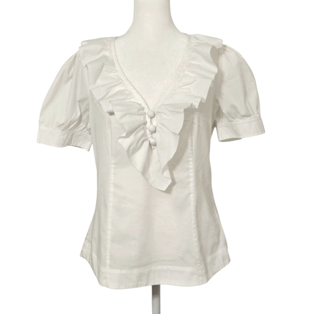 Banana Republic Elegant White Ruffle Blouse Puff Sleeves Size 4P